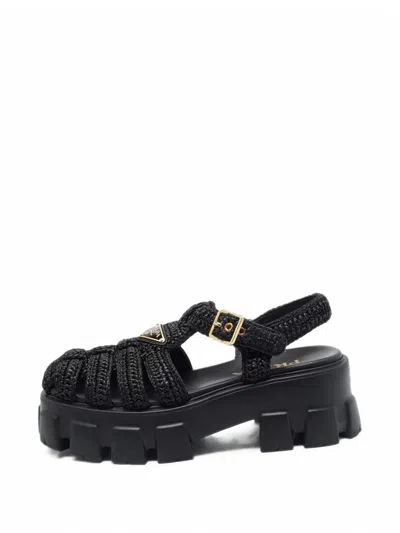 Pre-owned Prada Monolith Caged Raffia Sandals In Black