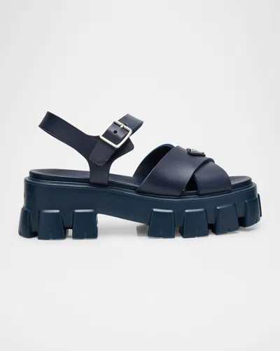 Prada Monolith Crisscross Ankle-strap Chunky Sandals In Blue