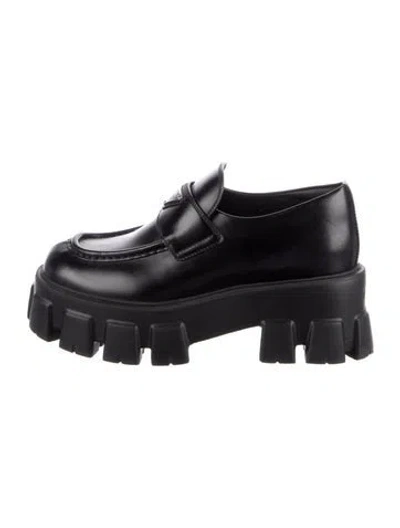 Pre-owned Prada Monolith Enameled Metal Triangle Loafers In Black
