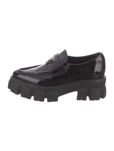 Pre-owned Prada Monolith Enameled Metal Triangle Oxfords In Black