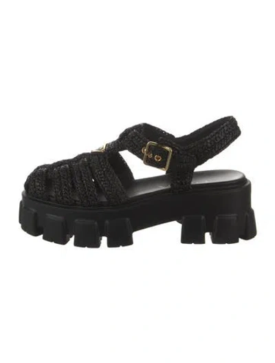Pre-owned Prada Monolith Enameled Metal Triangle Slingback Sandals In Black