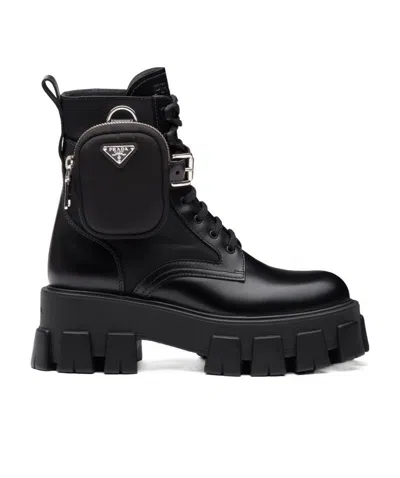 PRADA MONOLITH LEATHER AND NYLON FABRIC BOOTS