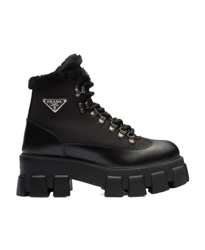 Prada Monolith Laced Short Boots In Black