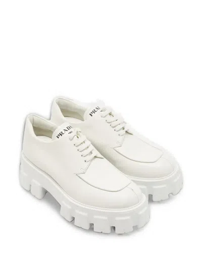 Pre-owned Prada Monolith Lace-up Shoes In White