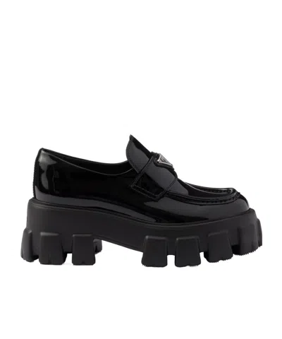 Prada Logo Plaque Spazzolato Leather Platform Moccasins In Black