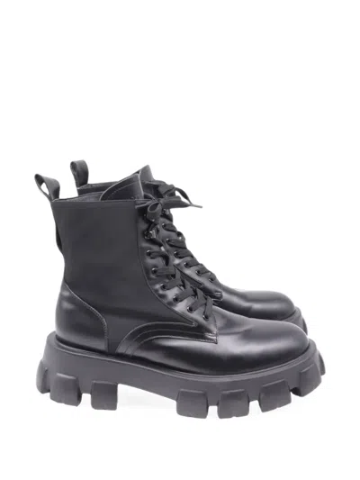 Pre-owned Prada Monolith Leather Combat Boots In Black