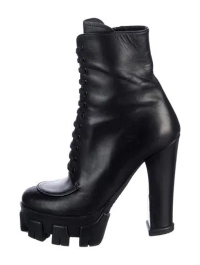 Pre-owned Prada Monolith Leather Lace-up Boots In Black