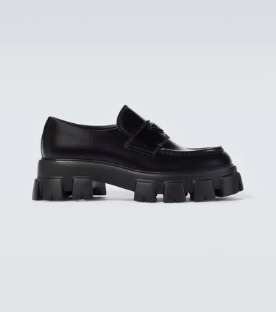 Prada Monolith Leather Loafers In Black