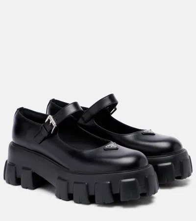 Prada Monolith Leather Mary Jane Flats In Black