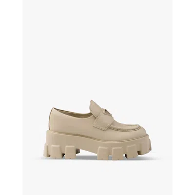 PRADA WOMENS NEUTRAL MONOLITH LOGO-PLAQUE LEATHER LOAFERS EUR 40 / 7 UK