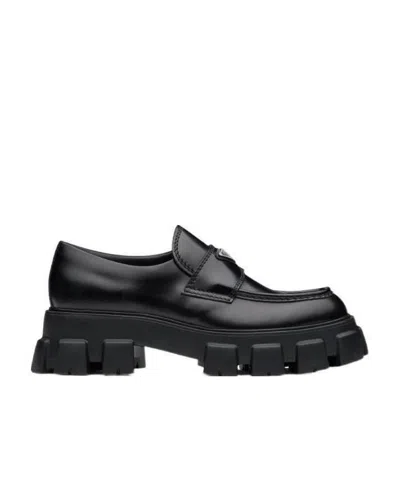 PRADA MONOLITH BRUSHED LEATHER LOAFERS
