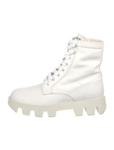 Pre-owned Prada Monolith Lug-sole Canvas Combat Boots In White