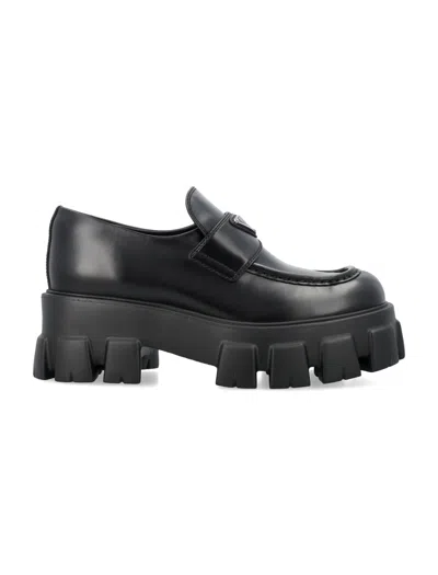 Prada Monolith Mini Women's Brushed Leather Loafers With Triangle Logo & Chunky Rubber Sole In Nero