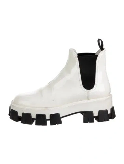 Pre-owned Prada Monolith Patent Leather Chelsea Boots In White