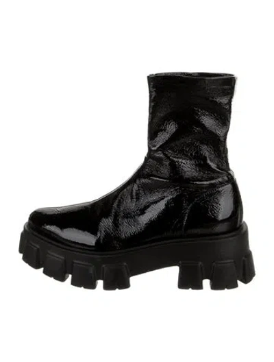Pre-owned Prada Monolith Patent Leather Combat Boots In Black