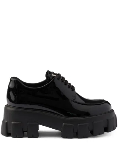 Prada Women's Monolith Brushed Leather Lace-up Shoes In Black