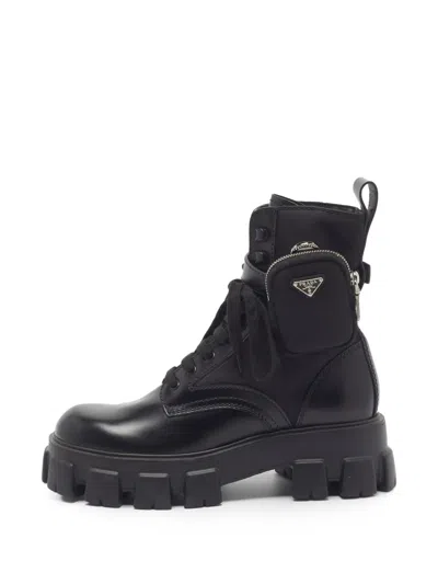 Pre-owned Prada Monolith Pouch Combat Boots In Black