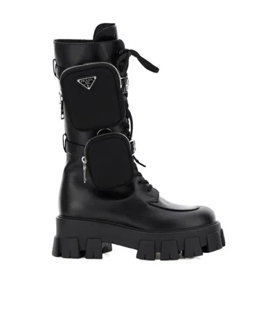 Prada Monolith Pouch-pocket Boots In Black