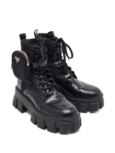 Pre-owned Prada Monolith Pouch-detail Combat Boots In Black