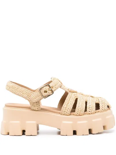 Prada Womens Neutral Monolith Logo-plaque Chunky-sole Caged Crochet Sandals In Naturale