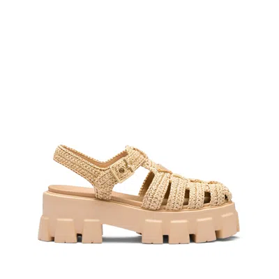 Prada Monolith Raffia-effect Sandals In Neutral