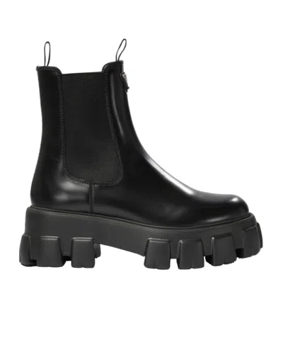 Prada Monolith Brushed Leather Chelsea Boots In Black
