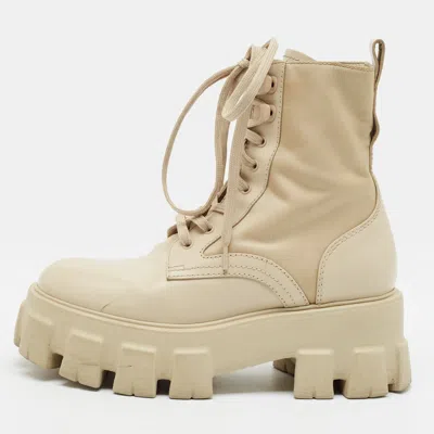 Pre-owned Prada Monolith Size 35 Beige Leather And Nylon Combat Boots