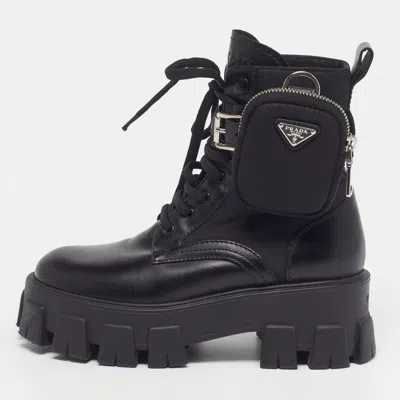 Pre-owned Prada Monolith Size 36 Black Leather And Nylon Ankle Length Boots