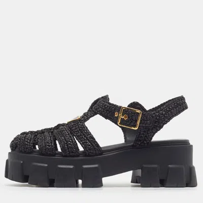 Pre-owned Prada Monolith Size 36 Black Straw Platform Sandals