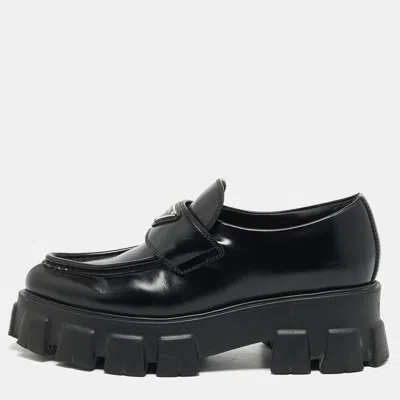 Pre-owned Prada Monolith Size 36.5 Black Leather Platform Loafers
