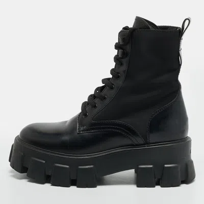 Pre-owned Prada Monolith Size 37 Black Leather And Nylon Combat Boots