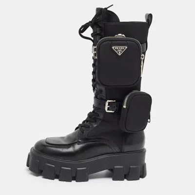 Pre-owned Prada Monolith Size 37 Black Leather And Nylon Combat Boots