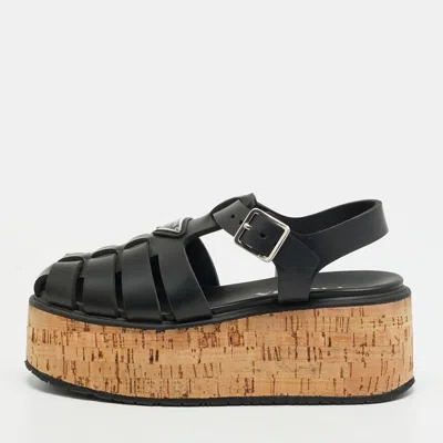 Pre-owned Prada Monolith Size 37 Black Rubber Platform Cork Sandals