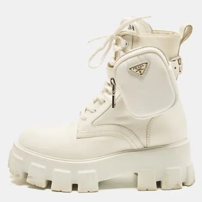 Pre-owned Prada Monolith Size 37 White Leather And Nylon Combat Boots