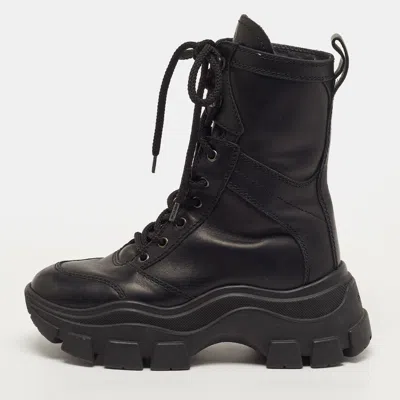 Pre-owned Prada Monolith Size 37.5 Black Leather Ankle Length Boots