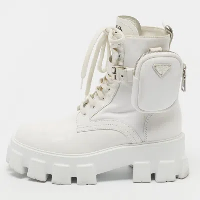 Pre-owned Prada Monolith Size 37.5 White Leather And Nylon Combat Boots