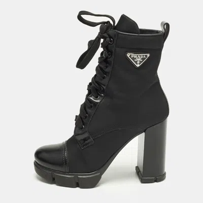 Pre-owned Prada Monolith Size 38 Black Leather Nylon Ankle Length Boots