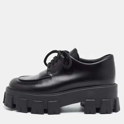 Pre-owned Prada Monolith Size 38 Black Leather Platform Lace Up Derby