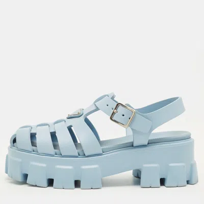 Pre-owned Prada Monolith Size 38 Light Blue Rubber Platform Sandals