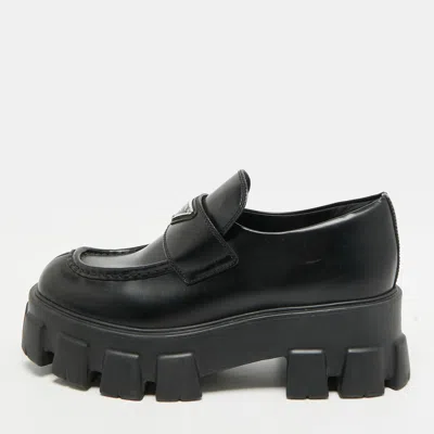 Pre-owned Prada Monolith Size 38.5 Black Leather Loafers