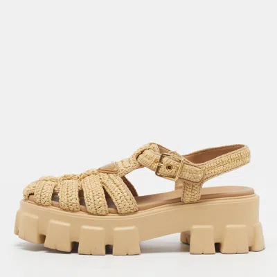 Pre-owned Prada Monolith Size 39 Beige Raffia Platform Sandals