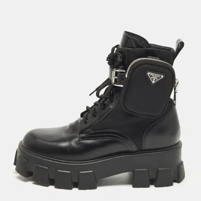 Pre-owned Prada Monolith Size 39 Black Leather And Nylon Combat Boots