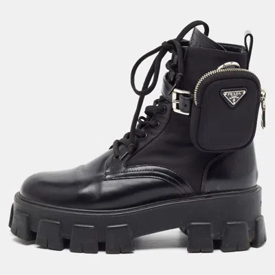 Pre-owned Prada Monolith Size 39 Black Leather And Nylon Combat Boots