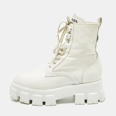 Pre-owned Prada Monolith Size 39 White Leather And Nylon Combat Boots