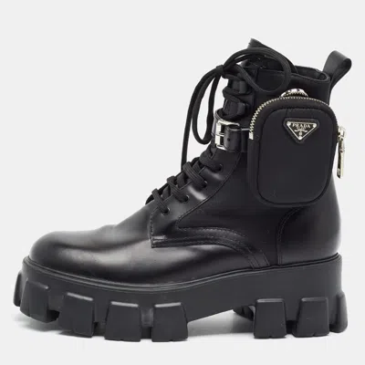 Pre-owned Prada Monolith Size 39.5 Black Leather And Nylon Combat Boots