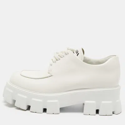 Pre-owned Prada Monolith Size 39.5 White Leather Loafers
