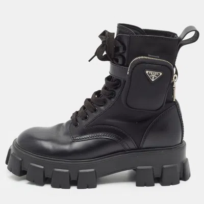 Pre-owned Prada Monolith Size 41.5 Black Leather And Nylon Ankle Length Boots