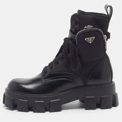 Pre-owned Prada Monolith Size 42 Black Leather And Nylon Ankle Length Boots