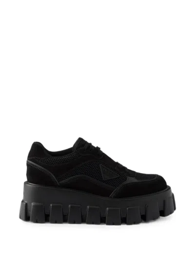 Prada Monolith Suede And Mesh Fabric Sneakers In Black