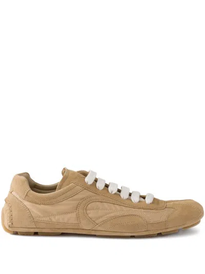 Prada Camel Recycled Polyamide Recycled Polyester Calf Leather Flat Shoes In Brown